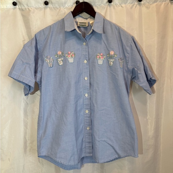 Separate Issue Floral Embroidered Button Down Shirt Size S Blue Gingham Trim - Picture 2 of 7